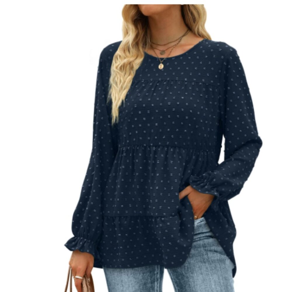 Ruffle Sleeve Swiss Dot Navy Blue Blouse XL